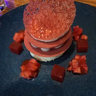 strawberry angel food cake...... marinated strawberries, crispy tuile - yum