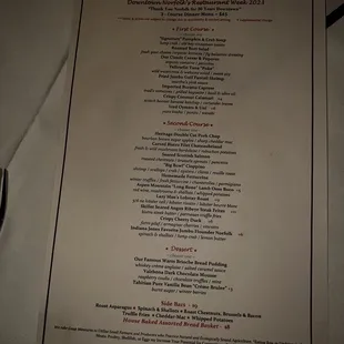Restaurant Week menu
