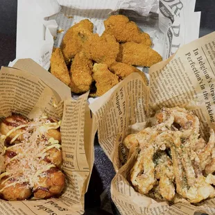 three baskets of food on a table