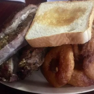 Nasty boiled ribs with good crispy onion rings