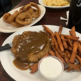 Salisbury steak w/ sweet potato fries and marshmallow dip (it was yummy!), onion rings