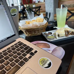 Quesadilla con carne asada made with wagyu beef! Seasoned tortilla chips and house made salsa and a cucumber lime Agua Fresca, yum!