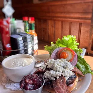 Bleu Burger (no caramelized onions, added cranberry chutney) choose with regular fries, sweet potato fries, salad, or soup.