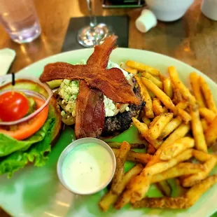 Bleu burger with fries