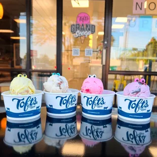 Lemon Blueberry Cheesecake, Blueberry Waffle Cone, Strawberry, and Sweet Black Cherry! Which one would you choose?