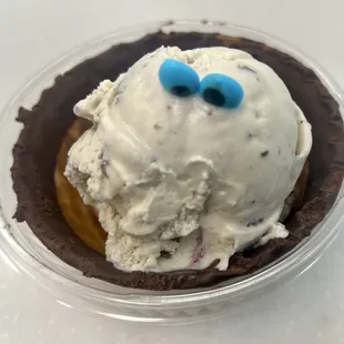 Blueberry Waffle Cone Ice Cream &amp; Peanut Butter Tilly Tracks Ice Cream on a chocolate waffle bowl