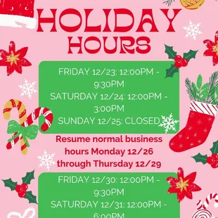 Holiday hours for December 2022