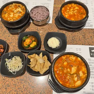 Kimchi &amp; Beef Tofu Soup with banchan