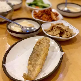 Whole fried yellow fin fish, comes with the Banchan when you order Seafood Soon Du Boo