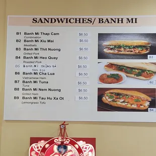 a menu for sandwiches and banh mi