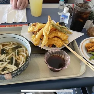 Tempura Udon with gyoza, yakitori chicken skewer and edamame. Generous portions!