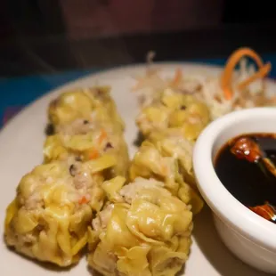 a plate of dumplings and a bowl of sauce