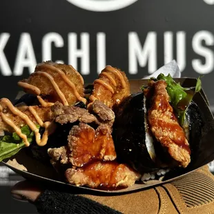 this is the chicken karage and shrimp musubi