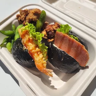 Bento with Spam Musubi, Ten Musubi, Karaage and Karaage