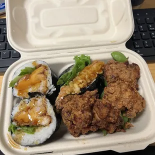 musubi combo: karaage &amp; ten (shrimp tempura) musubi, karaage 2 pc &amp; edamame &amp; miso soup