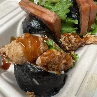 Karaage musubi &amp; spam musubi