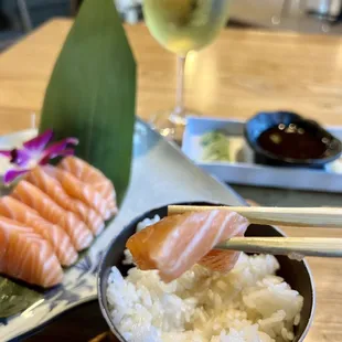 Sashimi with a side of sushi rice.