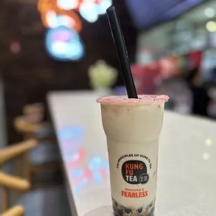 Roasted chestnut milk tea with boba: there is small pieces of chestnut in the drink very new to me