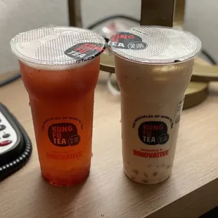 Strawberry lemon tea with Crystal boba + Wintermelon Milk Green Tea with Crystal boba.