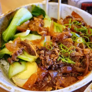 Tender beef and onion rice bowl