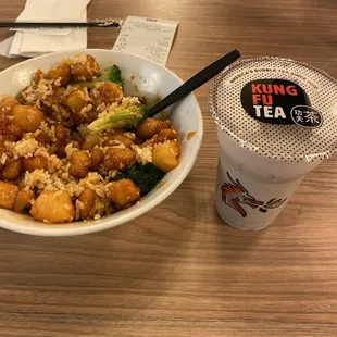 Pineapple chicken rice bowl. N taro milk tea.