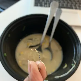 Metal coil found in my ramen soup. I pulled it out of a mouthful of ramen I was eating.