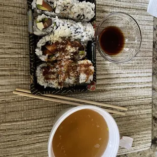 2 roll combo: Philadelphia roll, chicken crunch roll, miso soup