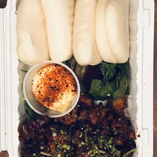 Fried chicken steam buns. Some self assembly required :)