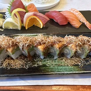 a plate of sushi and rolls