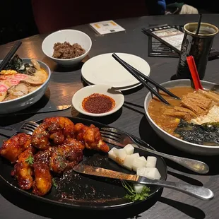 a variety of asian food on a table