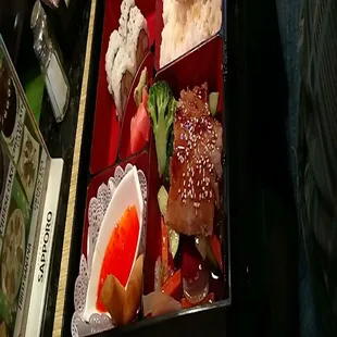 Sorry the picture didn&apos;t turn out had rice and beef tips with veggies and some kind of a sushi roll amazing