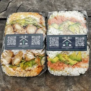 Japanese Fried Chicken with garlic chili sauce Onigirazu and Salmon Avocado Onigirazu