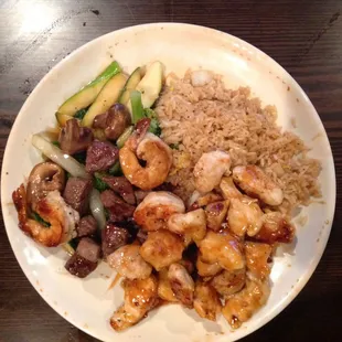 Imperial Dinner $15.49 steak (chewy/tough not NY Strip), chicken (succulent), shrimp, vegs, fried rice, soup and salad