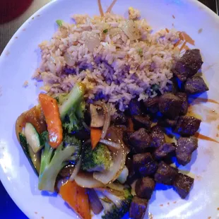 Lunch Hibachi Entree NY Strip Steak (6 oz), Fried Rice, Vegetables, Soup and Salad $8.25. Steak can be cut with a fork, tender and flavorful