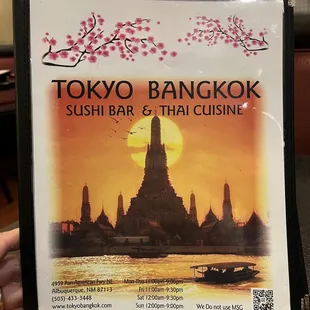 Tokyo Bangkok.  Front cover of menu.