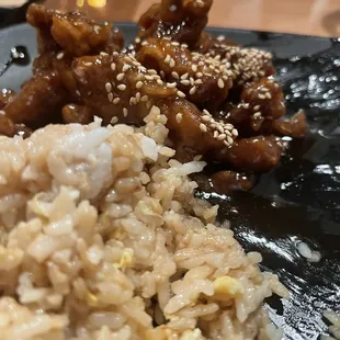 a plate of food with rice and meat