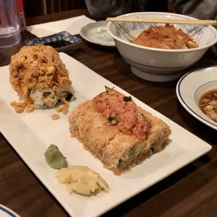 crunchy roll, cici roll, and chicken katsu don with eggs &amp; sauce on the side