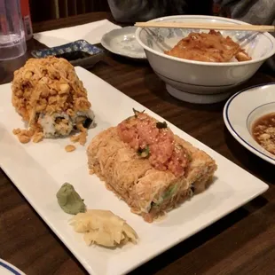 Crunch roll, cici roll, and chicken katsu don