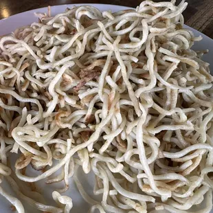 Plain noodles no flavor I think they were cooked with water, tasted expired.