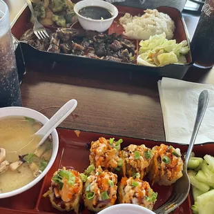 Other plate is a steak combo. With delicious sticky rice and a choice of salad or soup!