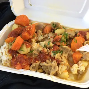 Curry chicken with chili on it. Very good carrots a little over cooked for me. Large portion added extra rice.