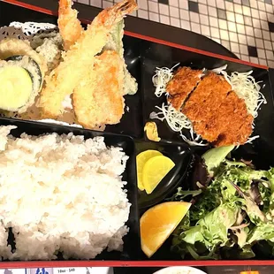 Bento Box with mix tempura and Hire Katsu (pork cutlet) - btw their sushi rice is top notch!!!