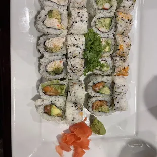 California tool, crunchy roll and salmon roll