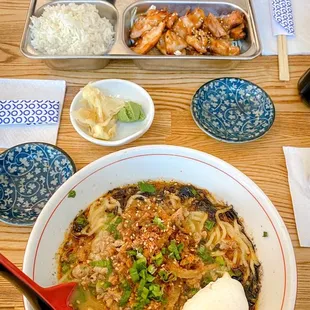 Teriyaki chicken bento with California roll and miso soup (top) Tan Tan Ramen (bottom)
