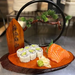 Salmon sashimi and California Roll