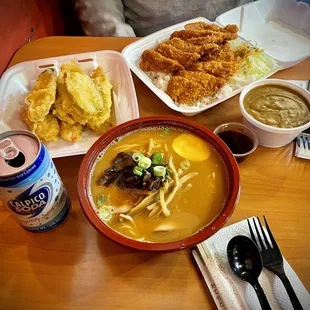Vegetable tempura, Chicken Katsu, curry sauce, z miso ramen and Calpico Soda