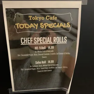 a menu for a special roll