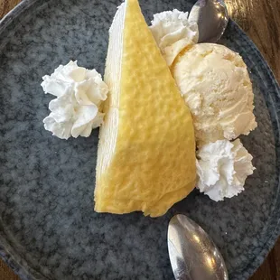 Japanese crepe cake and vanilla ice cream
