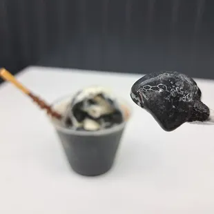 Close-up of black sesame swirl with Coffee 'N Creme sundae