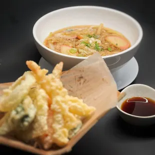 Tempura Udon - udon noodle soup, served with shrimp and vegetable tempura on the side.